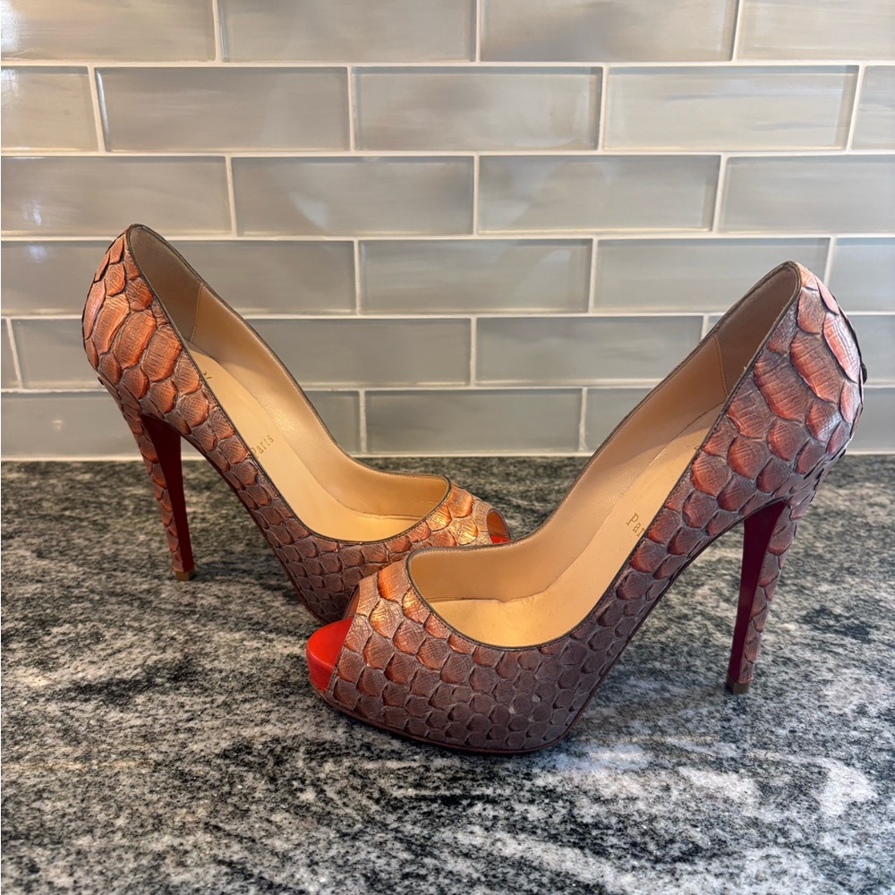 Christian Louboutin Orange/Brown Python Leather Bianca Heels